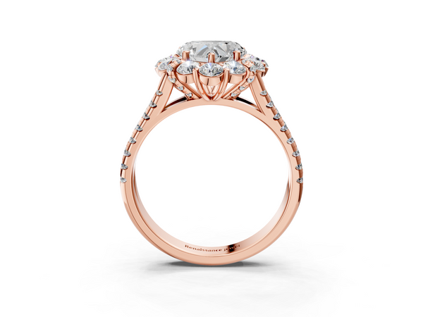 Rose gold Heart Halo Split Shank Diamond Engagement Ring with Pave Band and Four-Prong Setting