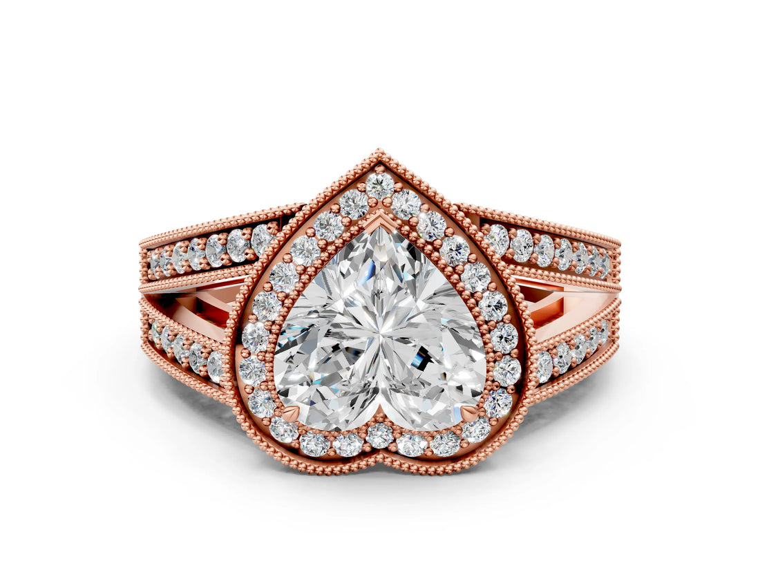 Rose gold Heart Halo Split Shank Diamond Ring with Milgrain Prong Setting_6