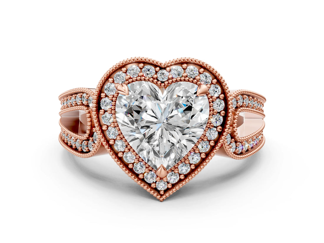 Rose gold Heart Halo Split Shank Milgrain Diamond Ring_18
