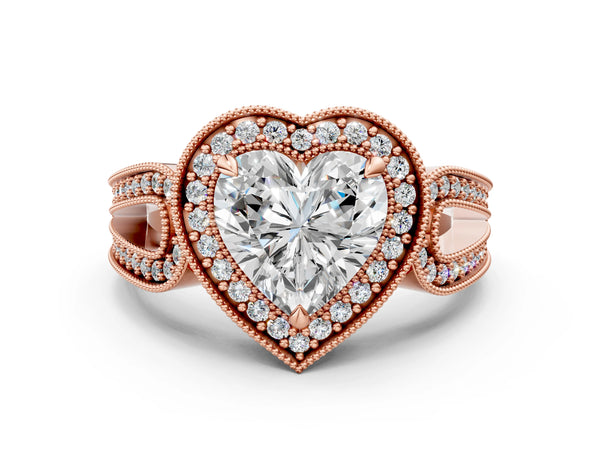 Rose Gold Heart-Shaped Vintage Milgrain Halo Engagement Ring Setting with Pave Loop Shoulders