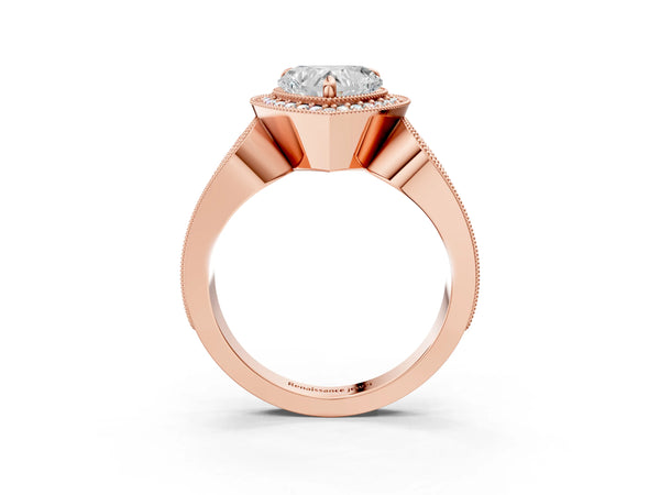 Rose Gold Heart-Shaped Vintage Milgrain Halo Engagement Ring Setting with Pave Loop Shoulders