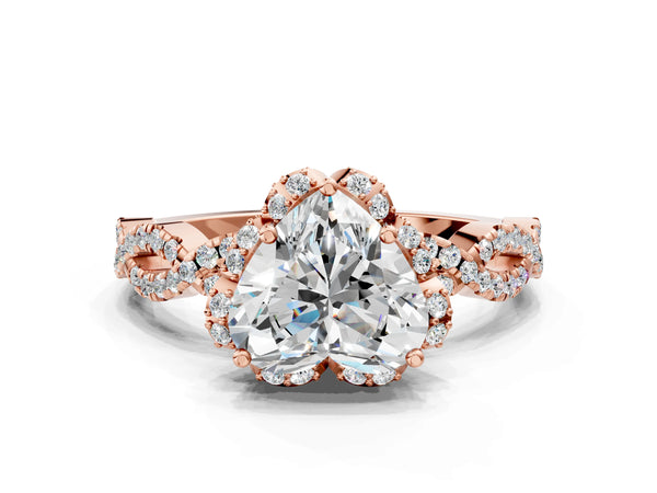 Rose gold Heart Halo Twist Band Solitaire Ring with Six-Prong Setting