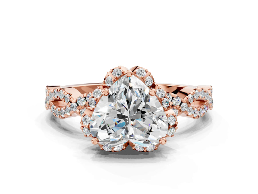 Rose gold Heart Halo Twist Band Solitaire Ring with Six-Prong Setting