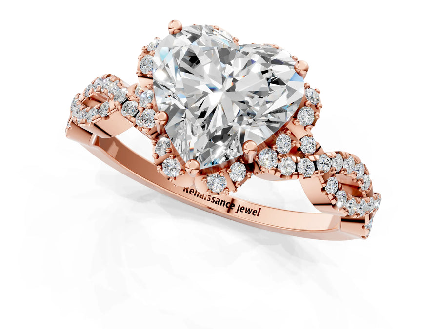Rose gold Heart Halo Twist Band Solitaire Ring with Six-Prong Setting