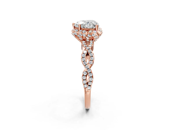 Rose gold Heart Halo Twist Band Solitaire Ring with Six-Prong Setting