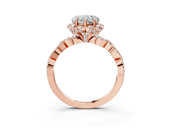 Rose gold Heart Halo Twist Band Solitaire Ring with Six-Prong Setting