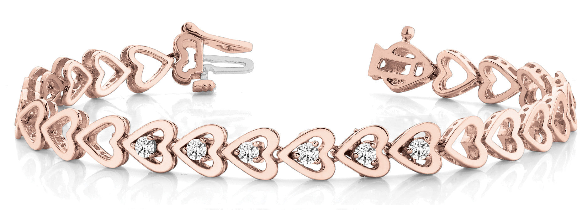 Rose gold Heart Link Diamond Tennis Bracelet with Round Cut Stones and Bezel Setting