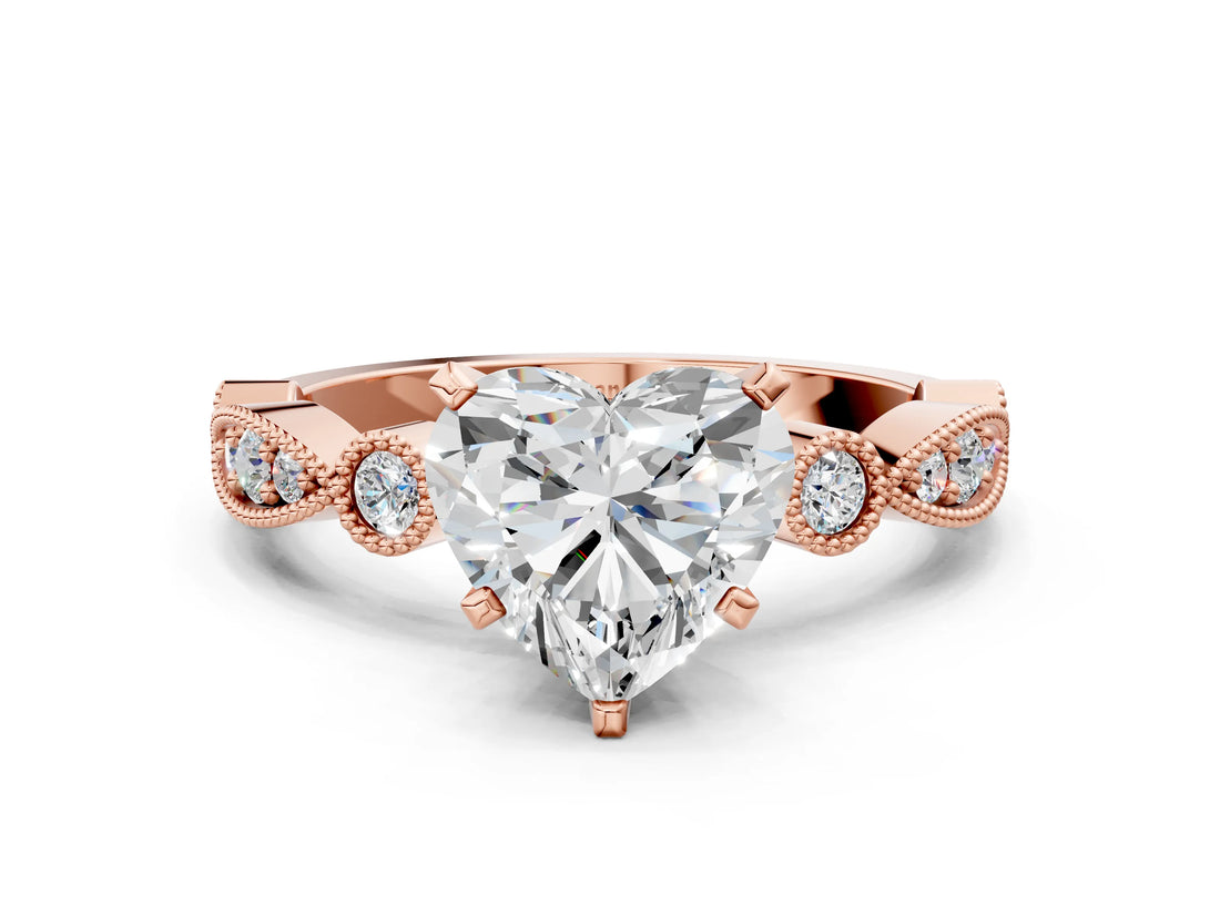 Rose gold Heart Milgrain Bezel Diamond Engagement Ring with Solitaire Prong Setting_158