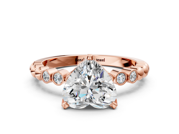 Rose gold Heart Solitaire Bezel Accent Diamond Engagement Ring with Beaded Band and Four-Prong Setting