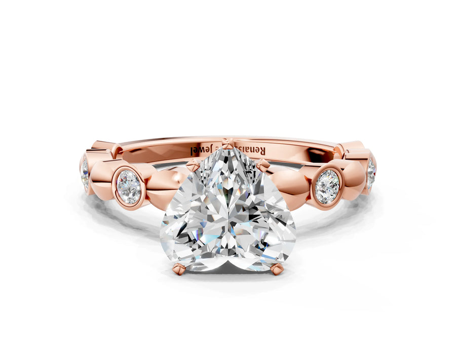 Rose gold Heart Solitaire Bezel-Set Diamond Ring with Beaded Band and Four-Prong Setting