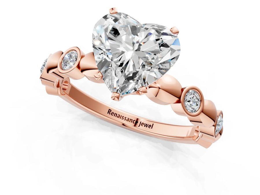 Rose gold Heart Solitaire Bezel-Set Diamond Ring with Beaded Band and Four-Prong Setting