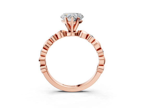 Rose gold Heart Solitaire Bezel-Set Diamond Ring with Beaded Band and Four-Prong Setting