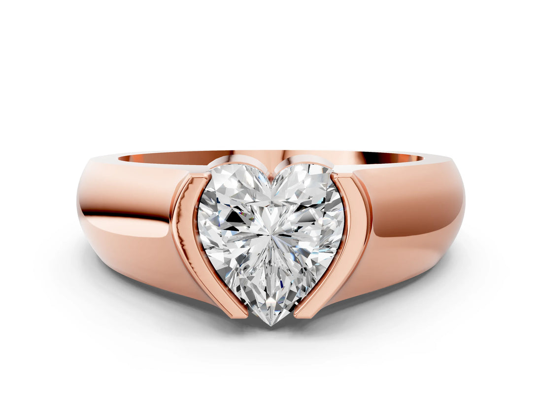 Rose gold Heart Solitaire Bezel Set Diamond Ring with Wide Band_3
