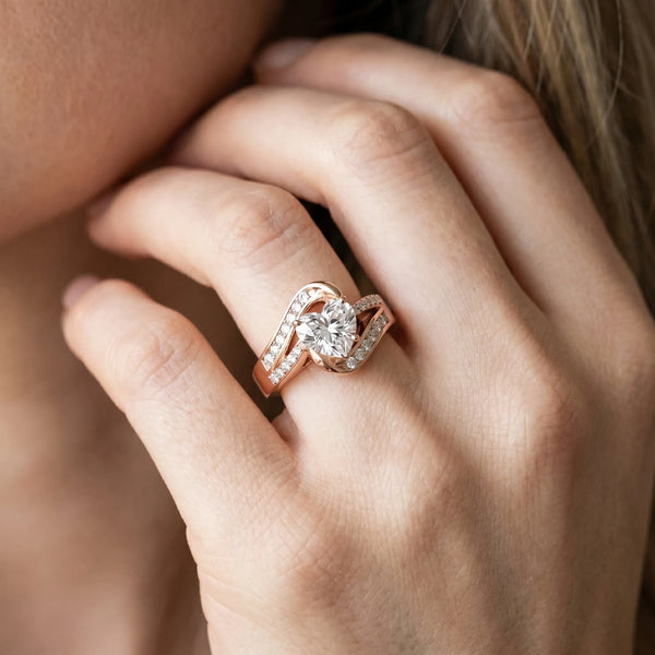 Rose gold Heart Solitaire Bypass Diamond Engagement Ring with Channel-Set Band and Four-Prong Setting