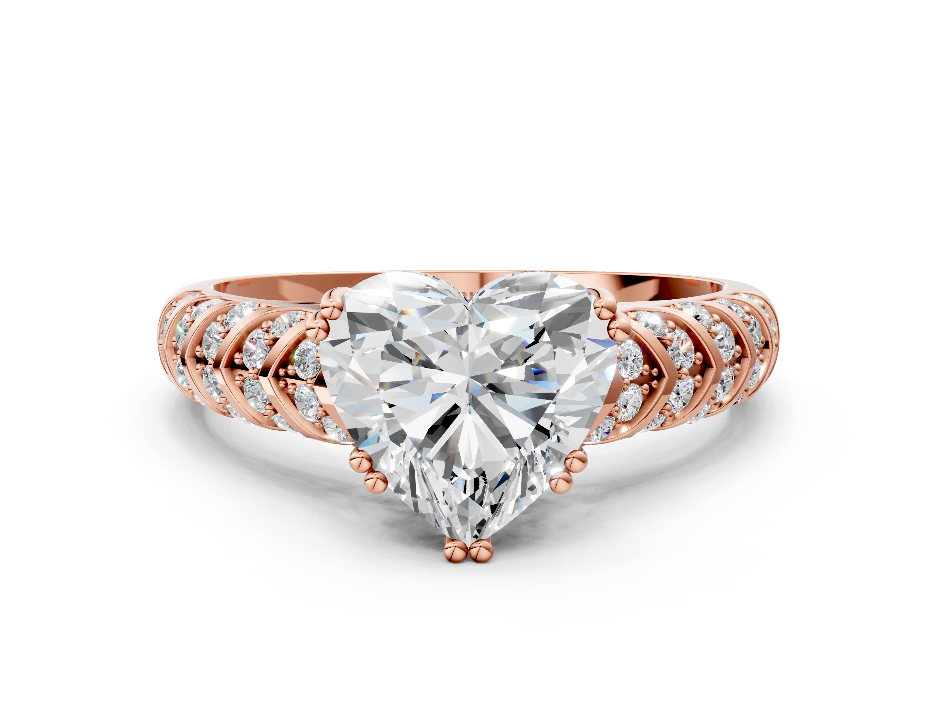 Rose gold Heart Solitaire Chevron Pave Diamond Engagement Ring with Six-Prong Setting_3
