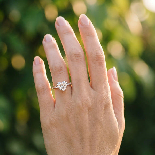Rose gold Heart Solitaire Diamond Engagement Ring with Pave Band and Six-Prong Setting