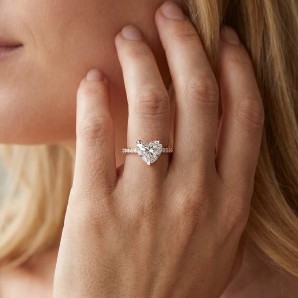 Rose gold Heart Solitaire Diamond Engagement Ring with Pave Band and Six-Prong Setting