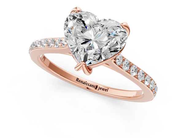 Rose gold Heart Solitaire Diamond Engagement Ring with Pave Band and Six-Prong Setting