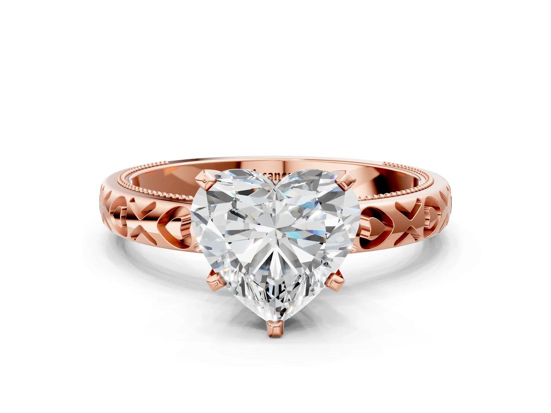 Rose gold Heart Solitaire Diamond Engagement Ring with XO Engraved Band and Four-Prong Setting