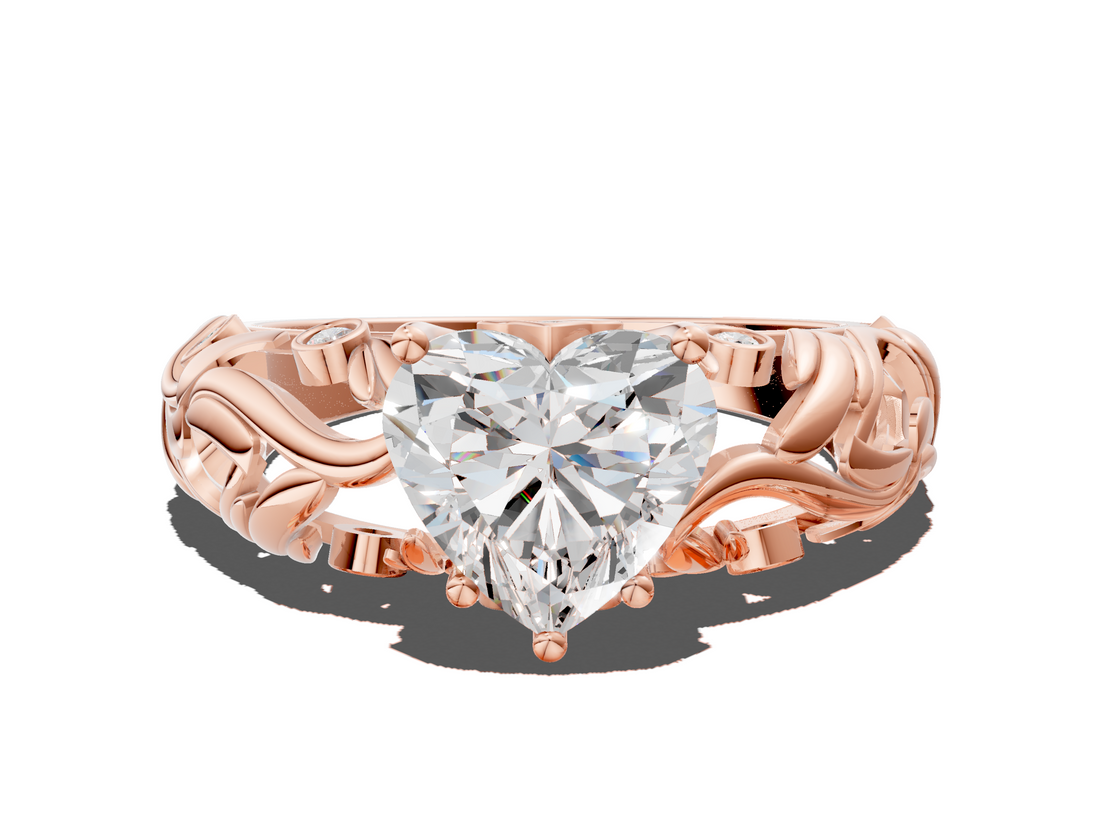 Rose gold Heart Solitaire Diamond Leaf Vine Band with Prong Setting_50