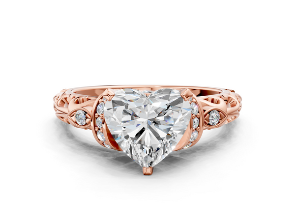 Rose gold Heart Cut Diamond Solitaire Ring with Filigree Band and Four-Prong Setting