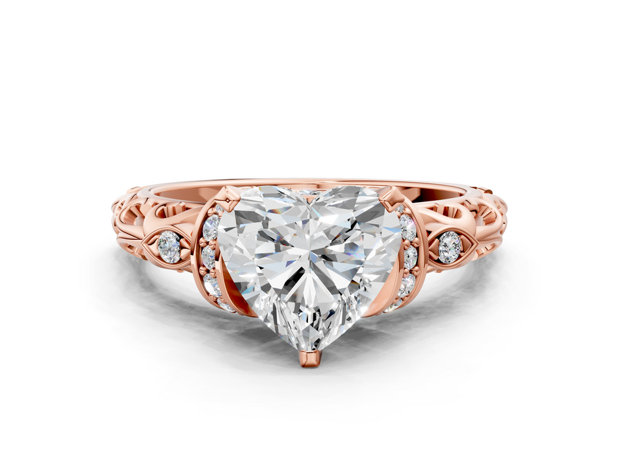 Rose gold Heart Cut Diamond Solitaire Ring with Filigree Band and Four-Prong Setting
