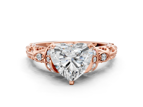 Rose gold Heart Cut Diamond Solitaire Ring with Filigree Band and Four