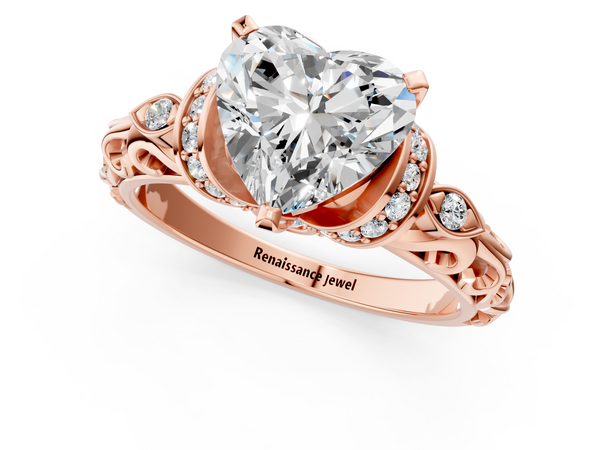 Rose gold Heart Cut Diamond Solitaire Ring with Filigree Band and Four-Prong Setting