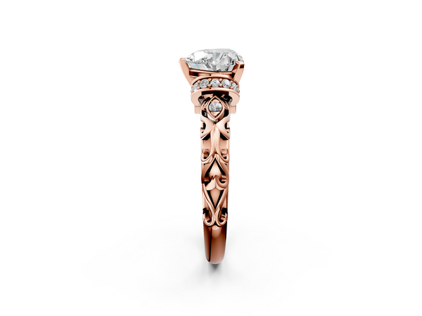 Rose gold Heart Cut Diamond Solitaire Ring with Filigree Band and Four-Prong Setting