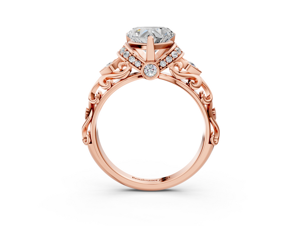 Rose gold Heart Cut Diamond Solitaire Ring with Filigree Band and Four-Prong Setting