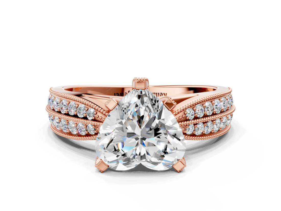 Rose gold Heart Solitaire Diamond Ring with Milgrain Pavé Band and Four-Prong Setting_143