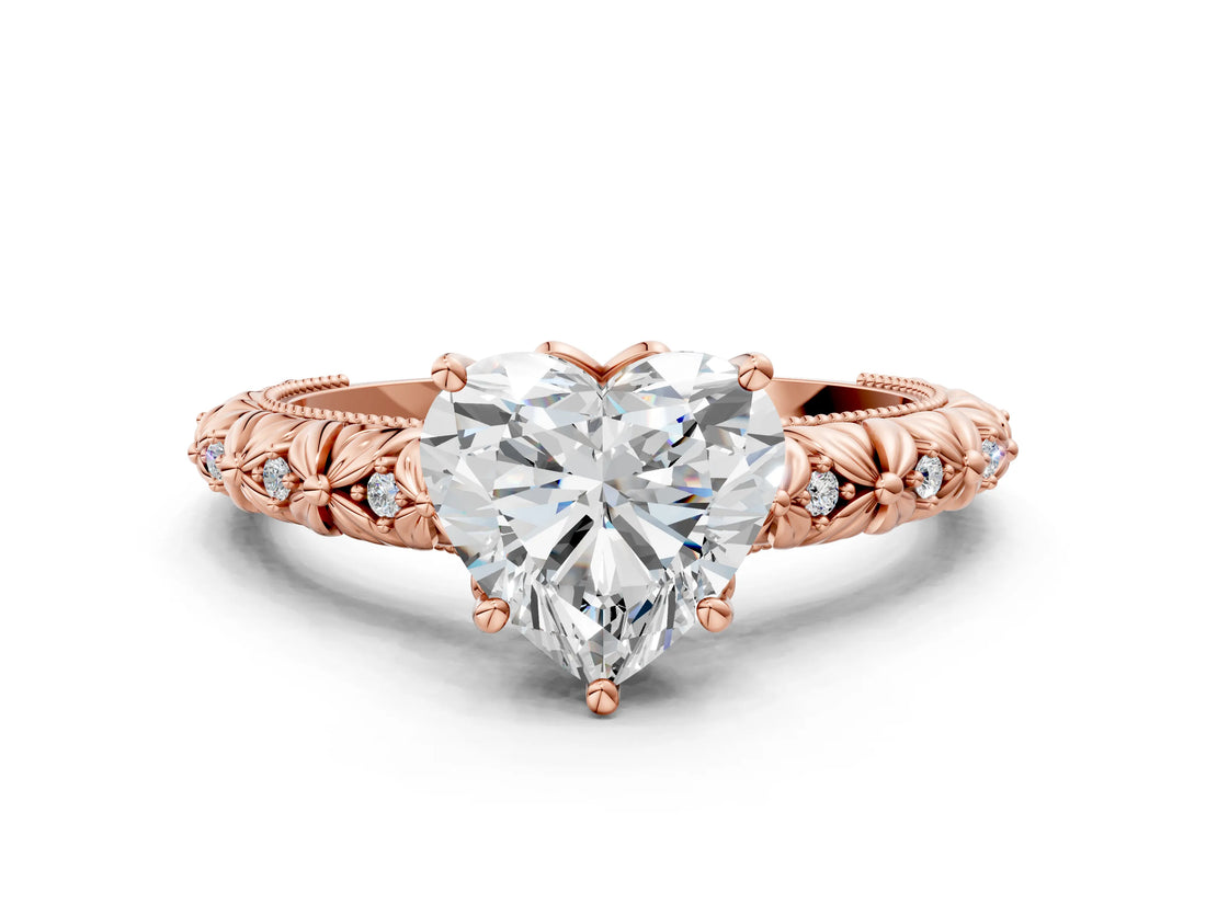 Rose gold Heart Solitaire Floral Milgrain Engagement Ring_31