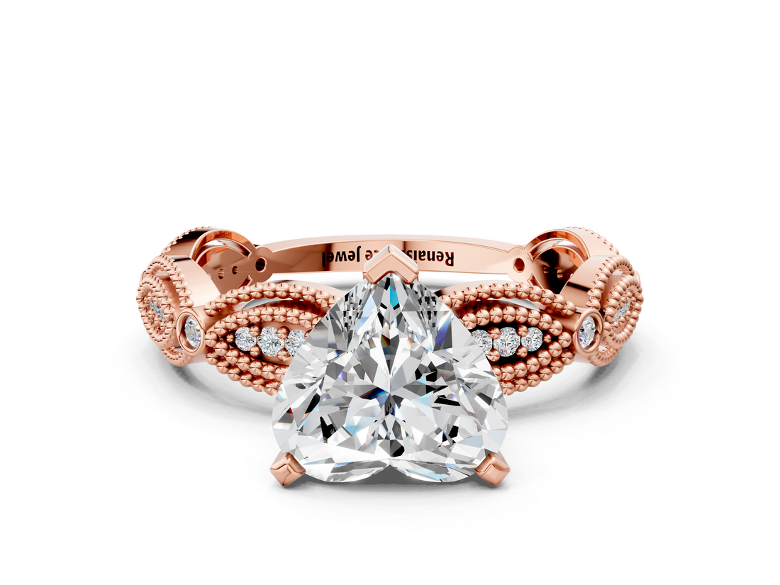 Rose gold Heart Solitaire Milgrain Diamond Engagement Ring with Bezel and Marquise Band_135