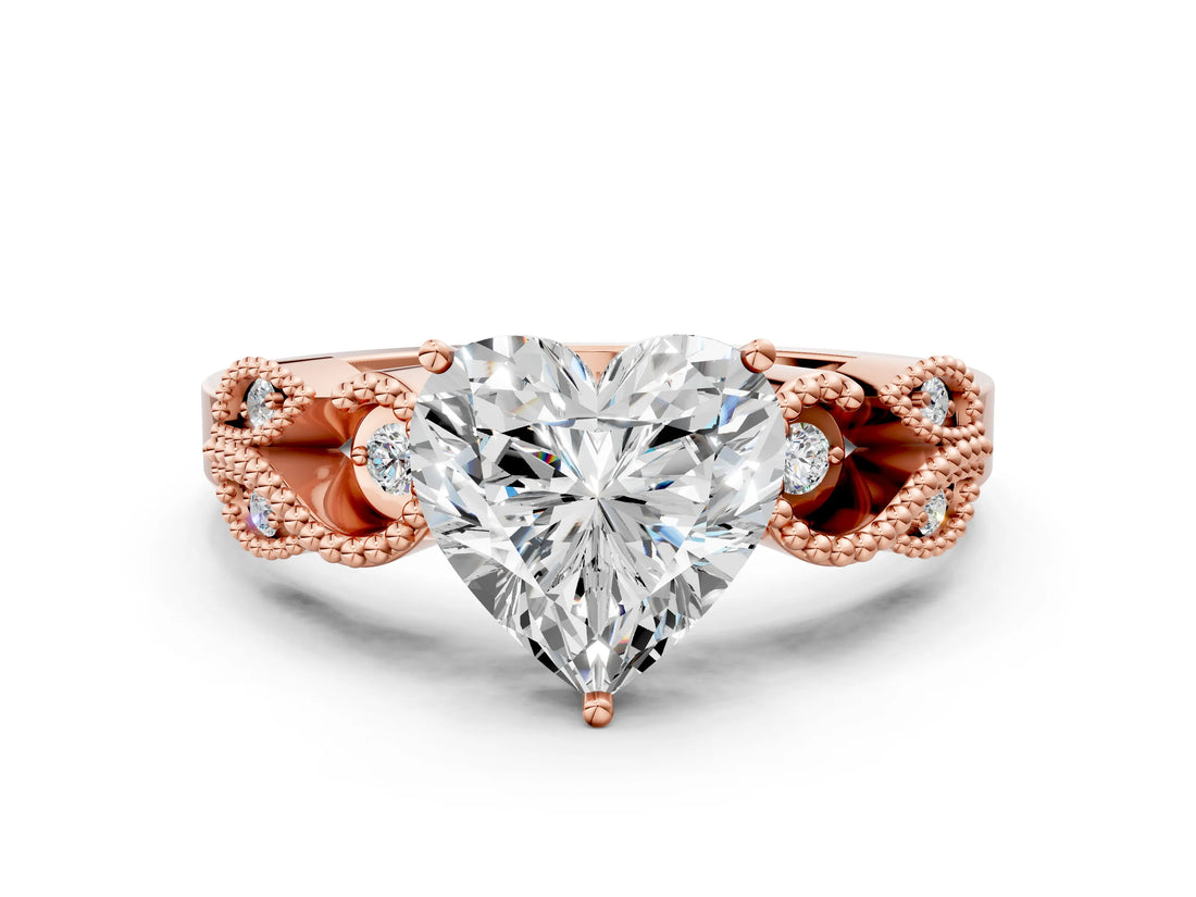 Rose gold Heart Solitaire Milgrain Leaf Band with Prong Setting_3
