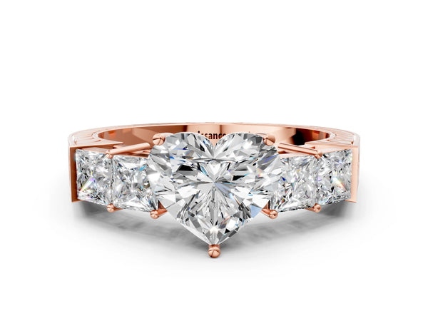 Rose gold Heart Solitaire Princess Side Stone Engraved Band Prong Setting Ring