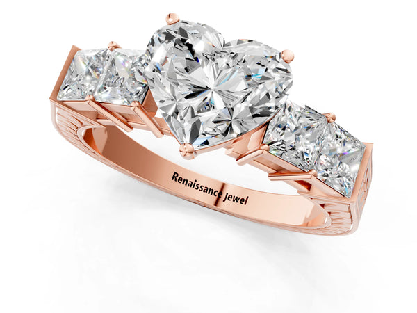 Rose gold Heart Solitaire Princess Side Stone Engraved Band Prong Setting Ring