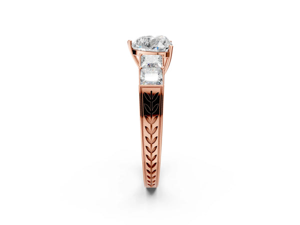 Rose gold Heart Solitaire Princess Side Stone Engraved Band Prong Setting Ring