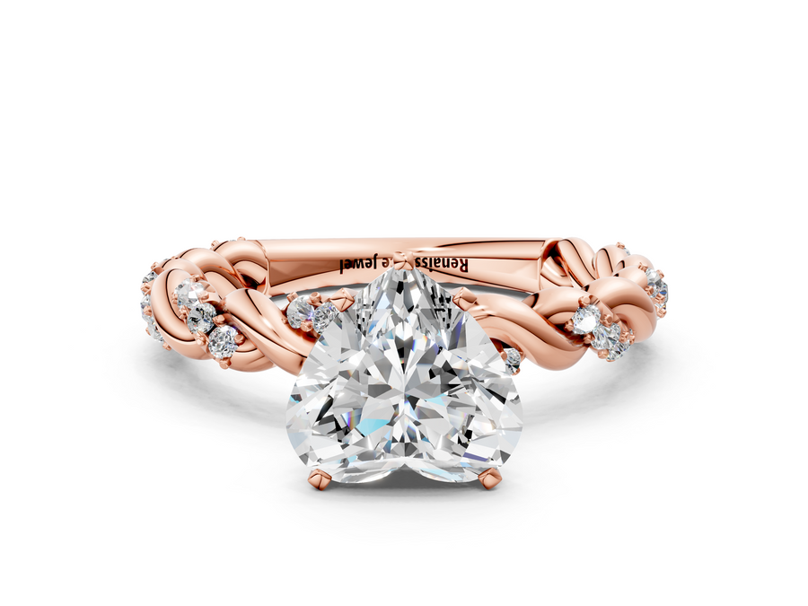 Rose gold Heart Cut Diamond Solitaire Ring with Twisted Band and Pavé Accents