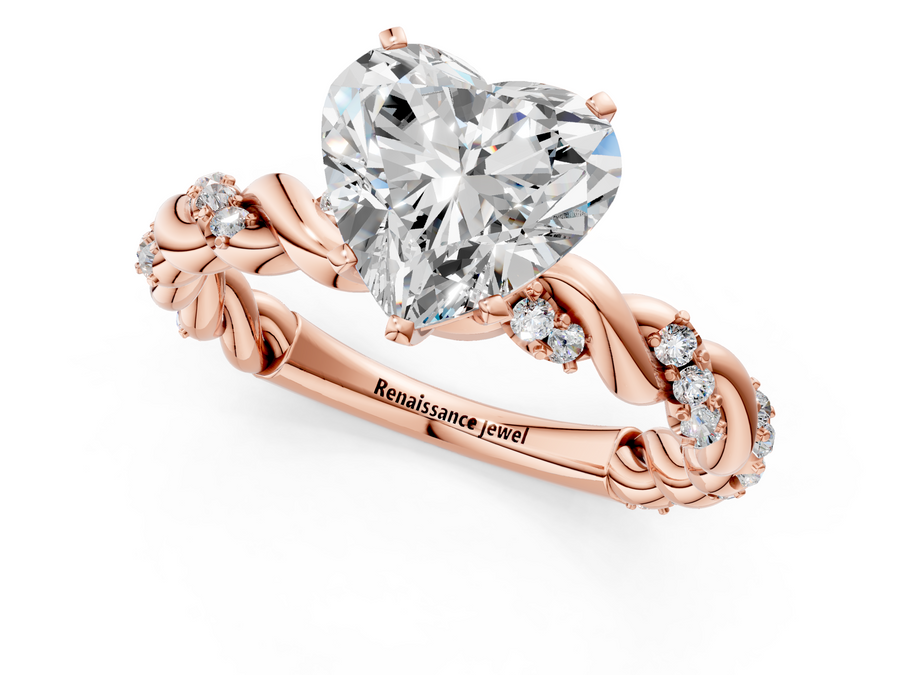 Rose gold Heart Cut Diamond Solitaire Ring with Twisted Band and Pavé Accents