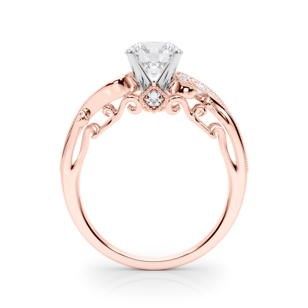 Rose gold Heart Solitaire with Milgrain Pave Band and Four-Prong Setting 1
