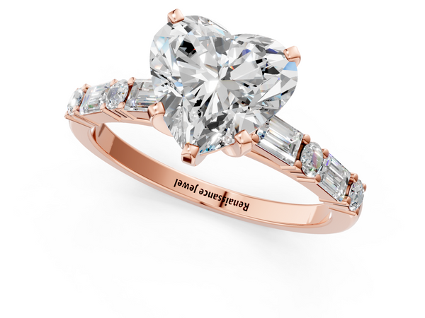 Rose gold Heart Cut Diamond Solitaire with Side Baguettes and Channel Set Band