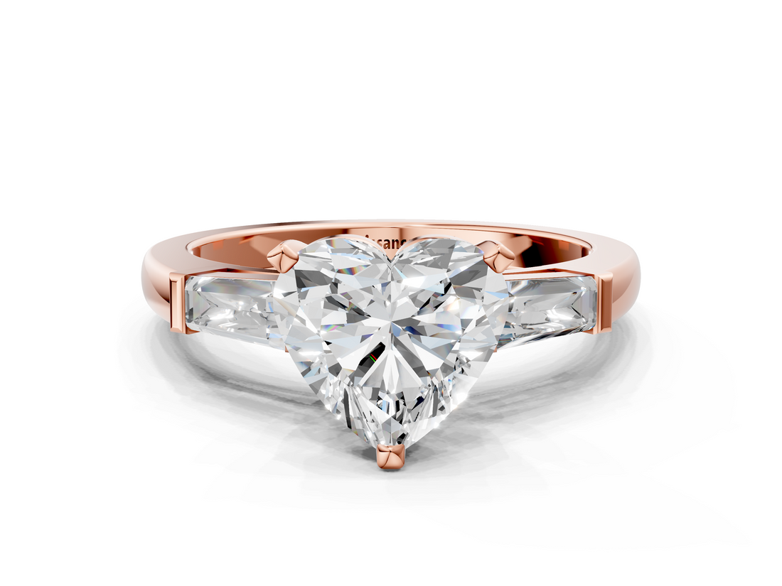Rose gold Heart Solitaire with Tapered Baguette Side Stones on a Classic Band with Four-Prong Setting_131