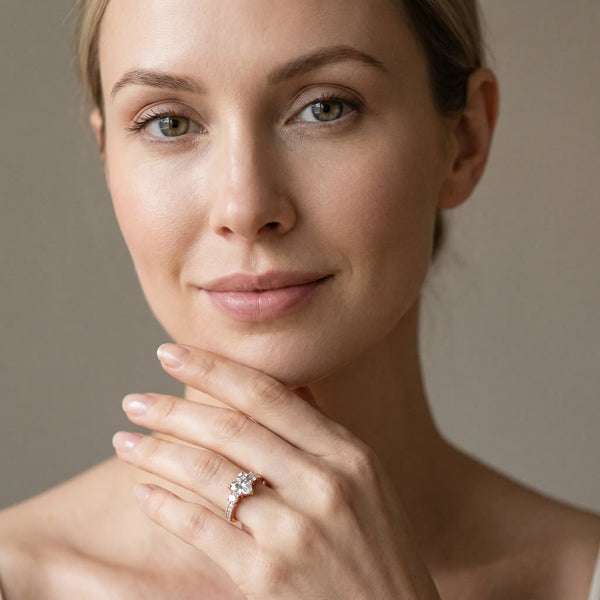 Rose gold Heart Three-Stone Diamond Ring with Pavé Band and Four-Prong Setting