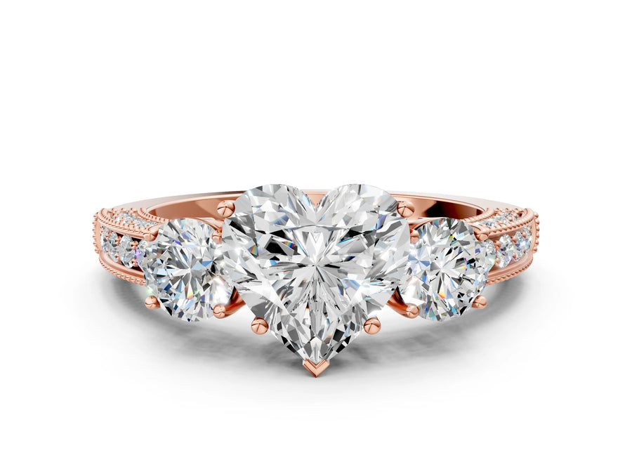 Rose gold Heart Three-Stone Diamond Ring with Pavé Band and Four-Prong Setting