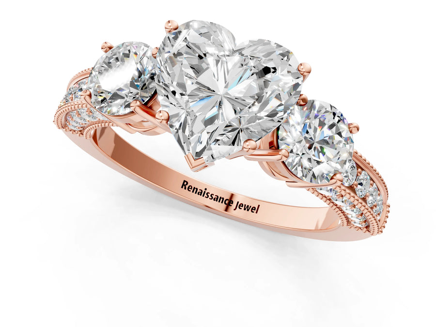 Rose gold Heart Three-Stone Diamond Ring with Pavé Band and Four-Prong Setting