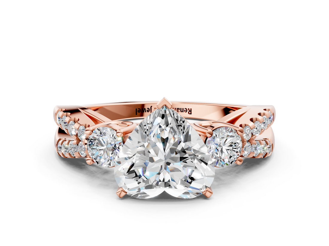 Rose gold Heart Three-Stone Diamond Ring with Pavé Split Shank and Four-Prong Setting_86