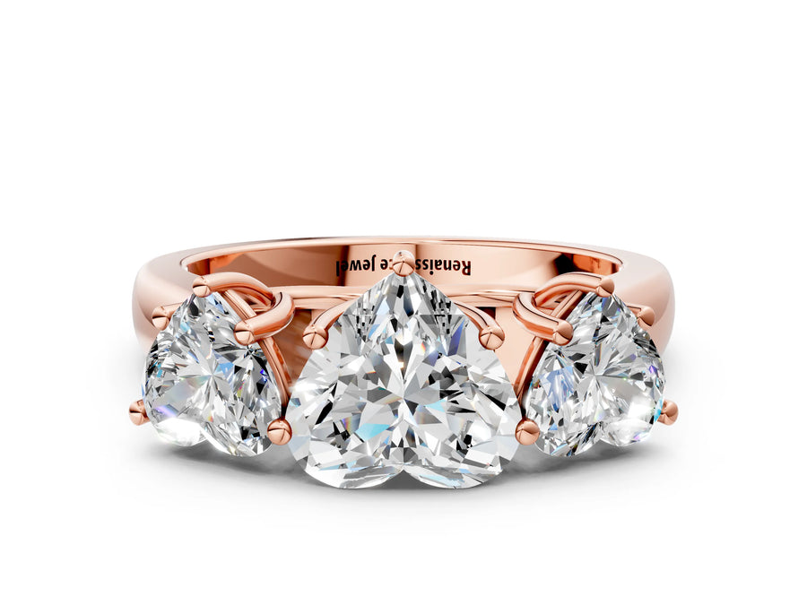 Rose gold Heart Three-Stone Diamond Ring with Prong Setting on a Classic Band