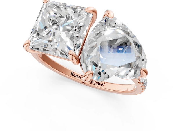Rose Gold Heart-Shaped and Princess Cut Lab-Grown Diamond Toi et Moi Ring with Pave Band