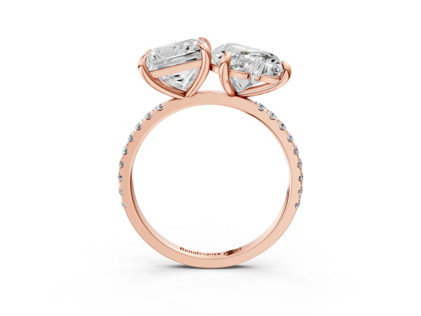 Rose Gold Heart-Shaped and Princess Cut Lab-Grown Diamond Toi et Moi Ring with Pave Band
