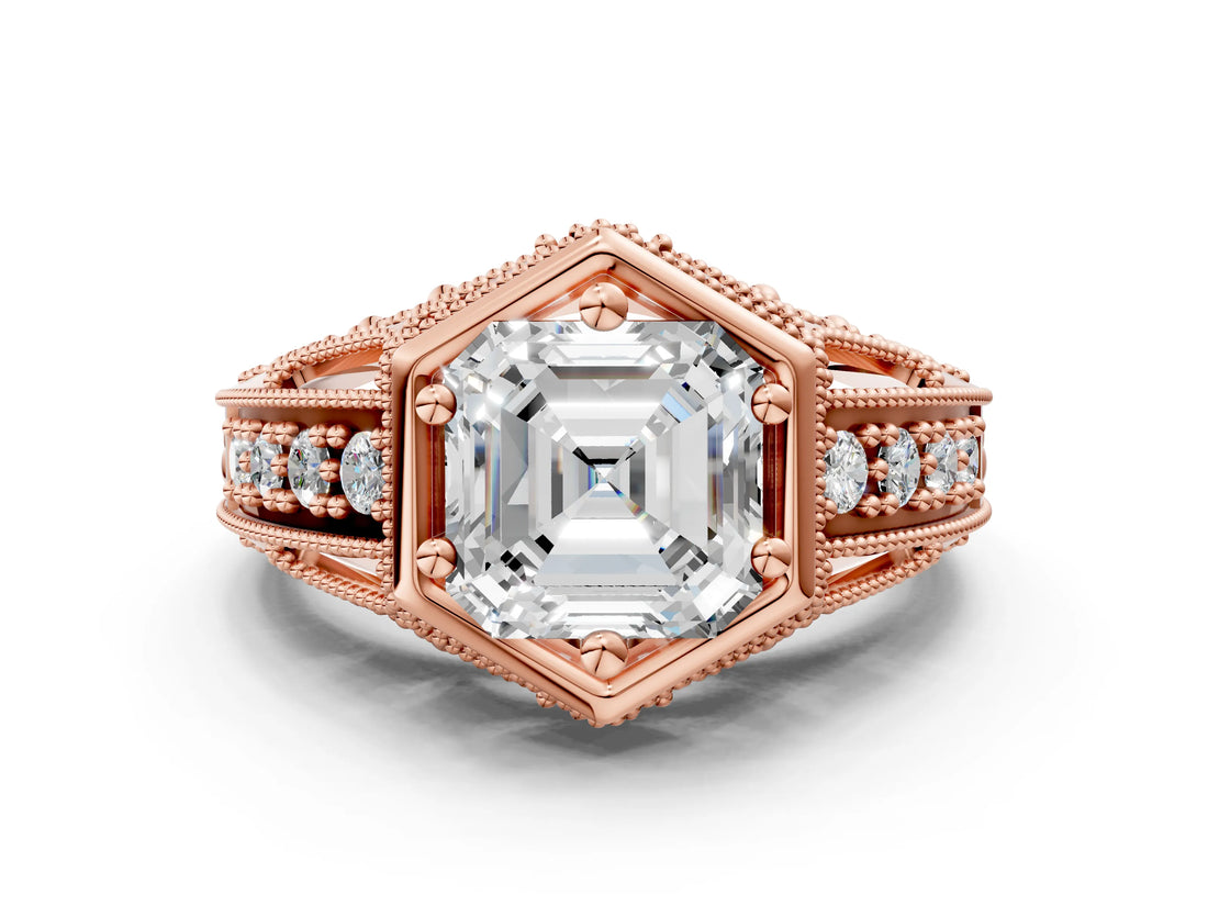 Rose gold Hexagon Bezel Asscher Cut Diamond Milgrain Split Shank Ring_7